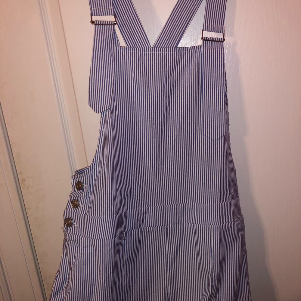 blue & white stripped short overalls!!